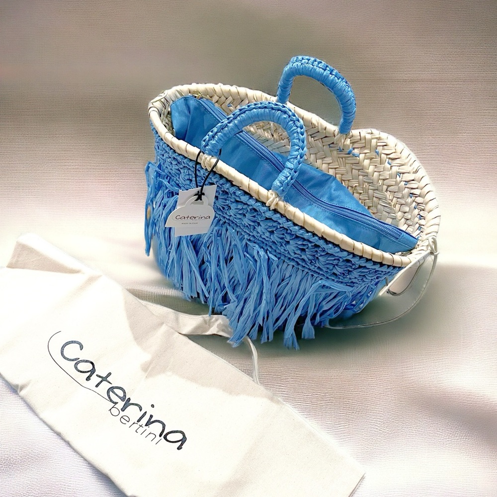Caterina Bertini Fringe Mini Tote + Large Tote, Blue (Made in Italy) New w/Tag